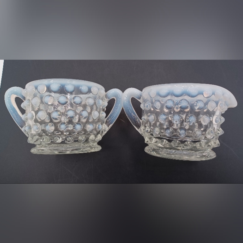 Fenton Blue and White Hobnail Creamer and Sugar Set